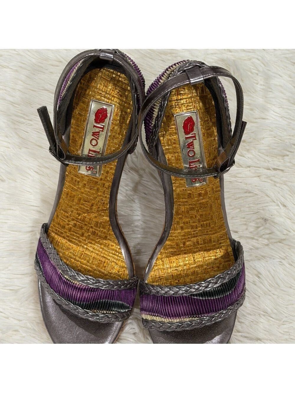 Two Lips Purple/Black/Metallic Pewter Wedge Sandals - Size 10 (NWOT)